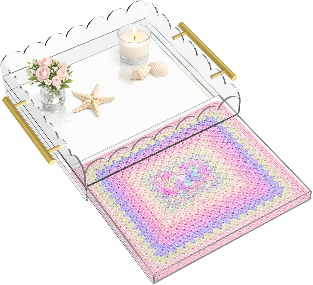 Scalloped Acrylic Tray, 12" x 12" Acrylic Trays for Needlepoint with Metal Handles and Pull-Out Drawer for Photos, Art Prints, Postcards, Decorative Organizer Trays for Vanity & Home