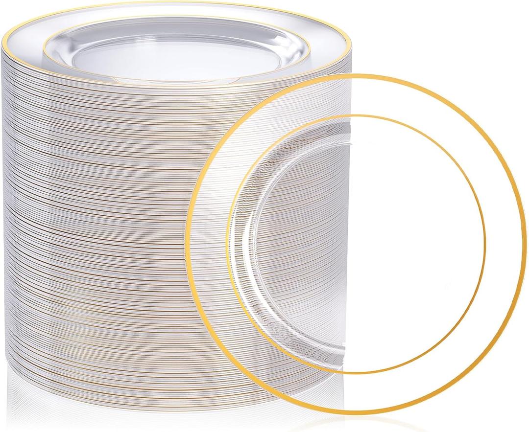 FOCUSLINE 7 Inch Small Clear Gold Plastic Plates 100 Count, Disposable Heavy Duty Clear Plates with Gold Rim, Premium Hard Plastic Plate Fancy Disposable Salad Plate for Wedding Parties
