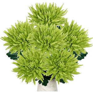 Hollyone 6Pcs Green Artificial Mums Flowers Spring Chrysanthemum Flowers 25.6" Long Stem Faux Spider Mum Flower Large Floral Arrangements Bouquets Fake Pincushion Silk Flower Home Decor