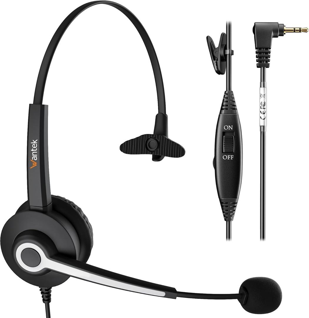 Wantek Phone Headset with Microphone Noise Cancelling, Telephone Headsets 2.5MM Jack Compatible with Panasonic AT&T RCA Vtech Uniden Dect Cisco SPA Polycom Cordless Phones for Call Center Office Work