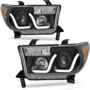 AUTOSAVER88 LED DRL Headlights Assembly Compatible with 2007-2013 Toyota Tundra / 2008-2017 Sequoia Headlamp Replacement Pair Set with Daytime Running Light Black Housing Amber Reflector