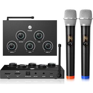 Wireless Karaoke Microphone System, Microphone Mixer Dual Handheld Wireless Microphones, HDMI & AUX in/Out, Optical Out, 100ft Range, Karaoke Mic for TV, Speakers, Singing, Church & Wedding