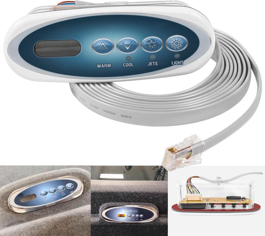 53238 Mini Oval 4-Button Topside Control Panel for Balboa VL200 Heat Jacket SystemHot Tub Spa Temperature Controller with LCD, RJ45 8-Pin, Includes 55472 (Topside) & 11393 (Overlay)- 7ft(84") Cord