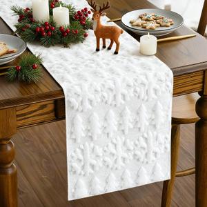 Artscope Snowflakes Xmas Tree Soft Plush Faux Fur Jacquard Christmas Table Runner, Winter Holiday Kitchen Dining Table Decoration for Christmas Home Party Decor 13x72 Inch-White