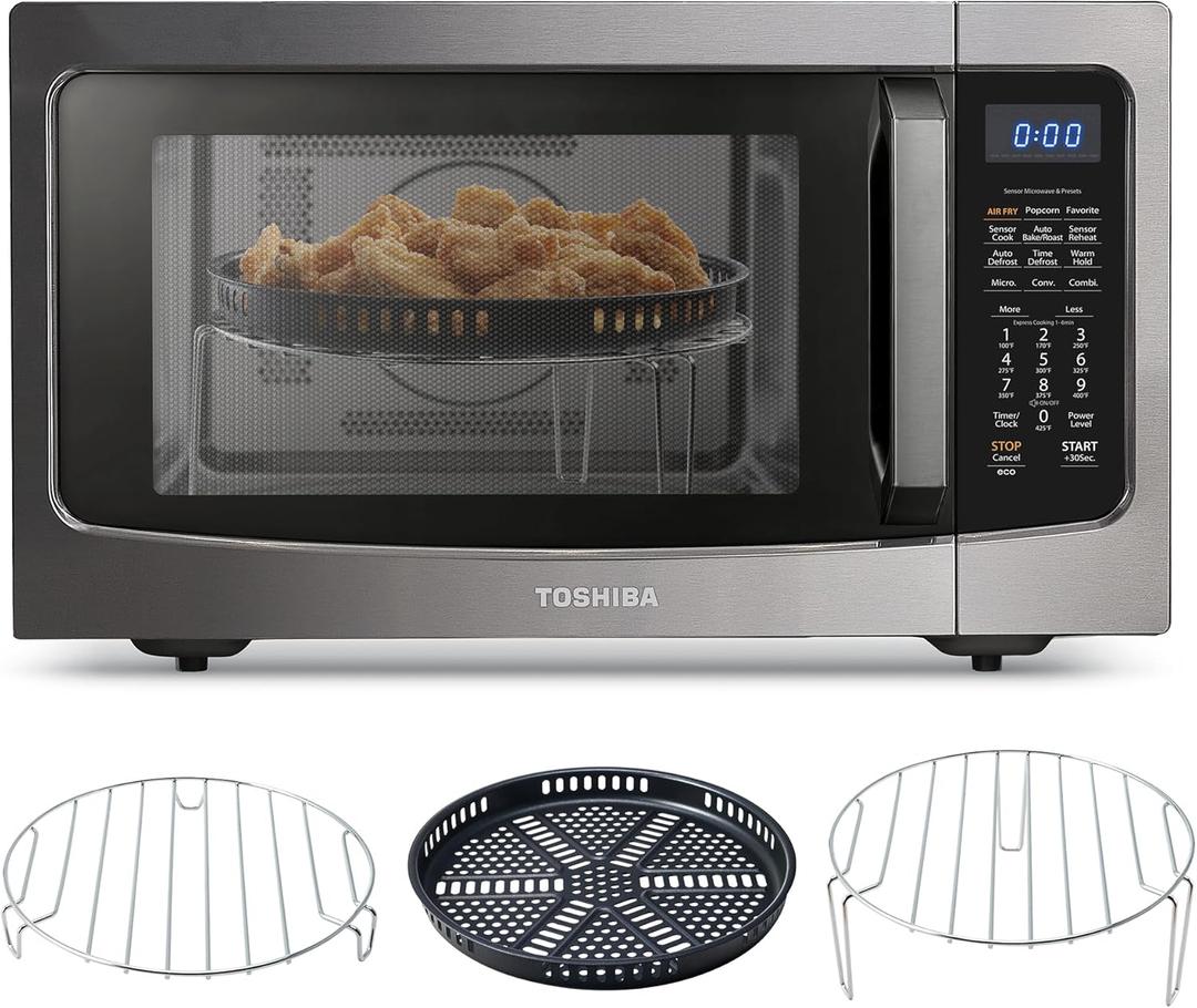 Toshiba Air Fryer Combo 4-in-1 Countertop Microwave Oven, Smart Sensor, Convection, Mute Function, Position Memory 13.6" Turntable, 1.5 Cu Ft, 1000W, Black, ML-EC42P(BS) (Black Stainless Steel)