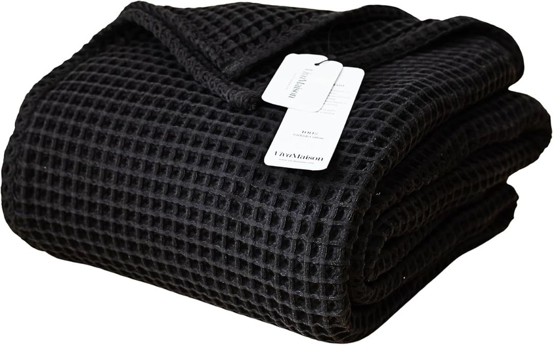 Premium Waffle Blanket Queen Size Black - Luxury, Pure 100% Turkish Cotton, Light and Airy Waffle Weave All-Season Quilt - Lux Decorative Bedspread (Black, Queen 91" x 95" Inch)