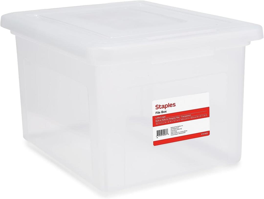 STAPLES Hanging File Folder Box, Storage Bin Organizer, Snap Lid, Letter & Legal Size Documents, Clear, 4 PAck