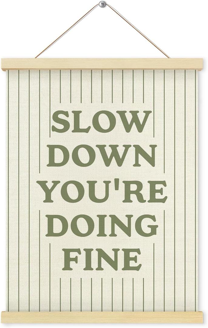 Shrago Slow Down You're Doing Fine Wall Art, Inspirational Positive Affirmation Green Striped Poster Hanger Frame for Bedroom Living Room Home Office Wall Decor, 12x16 Inch