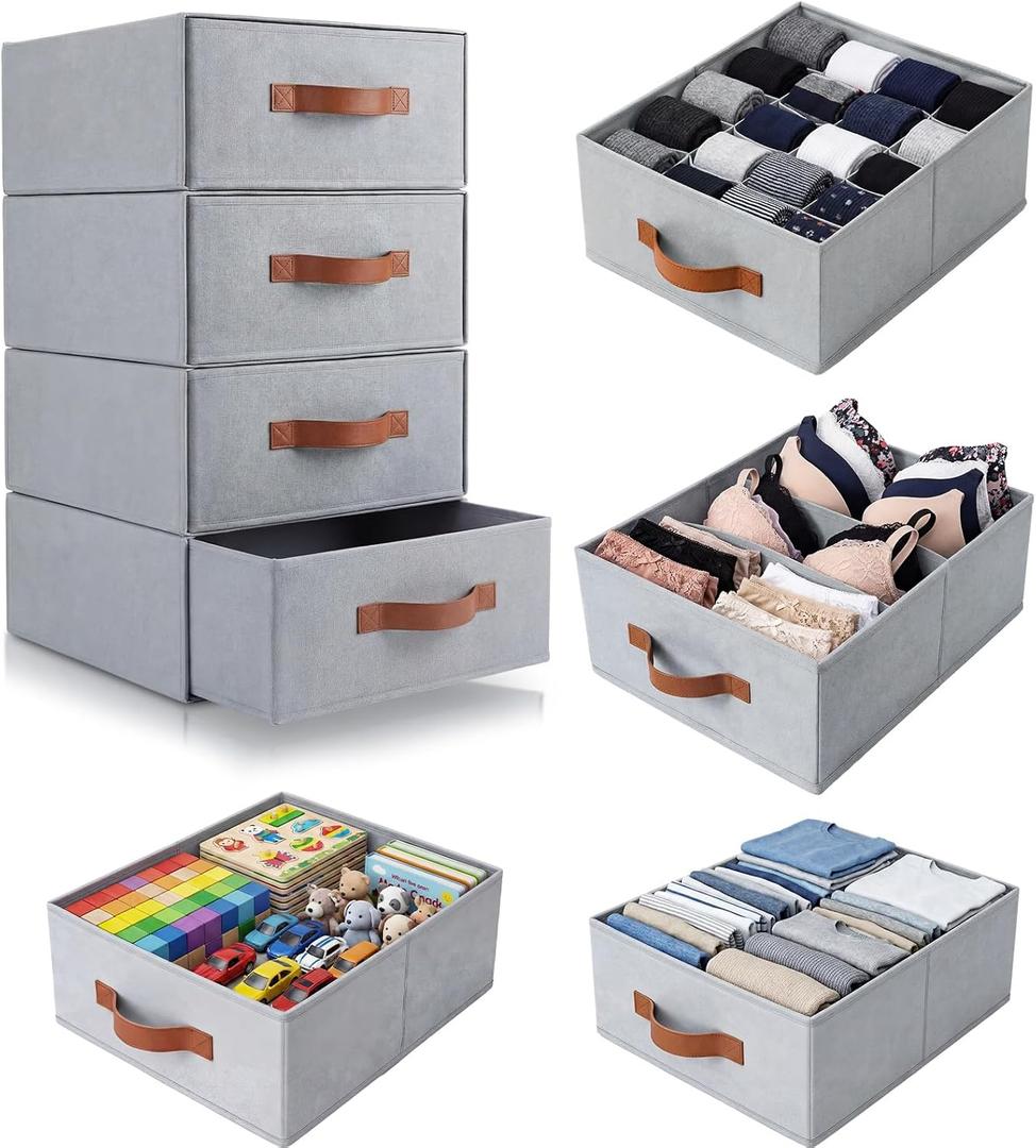 Windyun 4 in 1 Stackable Drawer Closet Organizer with Dividers for Underwear Socks Bras Scarves Ties Large Dresser Organizer Bins Foldable Clothes Storage Boxes, 12 x 15 x 6 Inch(Gray)