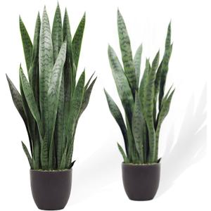 KOL 3FT 2-Pack Artificial Snake Plant, Fake Sansevieria Indoor Outdoor, 28 Thick PE Leaves Lifelike Faux Silk Plants, Home Living Room Decor 35in Mother in Law Tongue, Greenery for Office Decor, Green