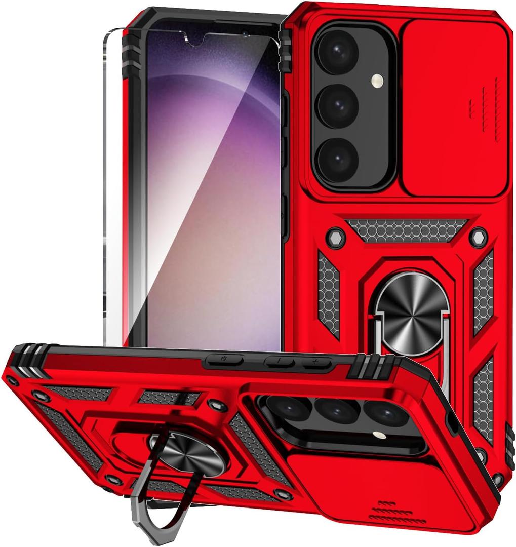 for Galaxy S25 Plus Case with Slide Camera Cover HD Screen Protector [Military Grade 16ft. Drop Tested] Magnetic Ring Kickstand Protective Phone Case for Samsung Galaxy S25 Plus (Red)