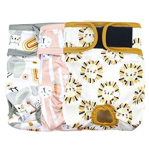 Langsprit Washable Female Dog Diapers (3 Pack) - Doggie Reusable Small Medium Large Dog Diapers for Doggy Puppy Female in Period - Highly Absorbent Dog Heat Panties (Medium,Rabbit, Owl, Lion)