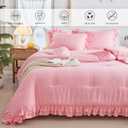 Pink Ruffled Comforter Set Twin Size, 3 Pieces (1 Ruffled Comforter and 2 Pillowcases) Farmhouse Shabby Chic Style with 2 Layers Ruffle, Solid Color Lightweight Soft Fluffy Bedding Sets for Girls