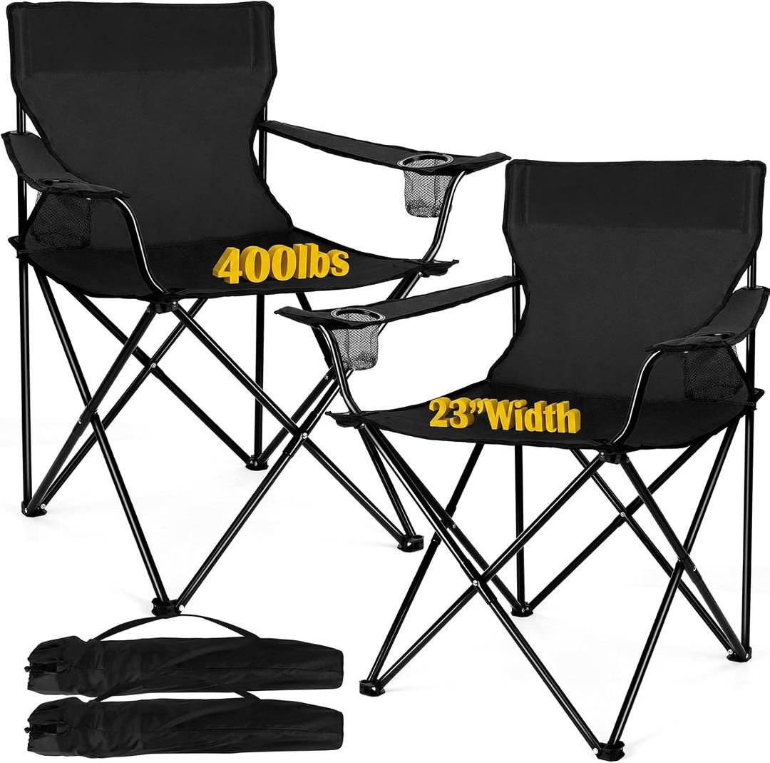 Joyfair Camping Chairs for Adult, Large Folding Lawn Chair (2, Black), 18.5 inches x 33.5 inches x 35.2 inches