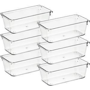 Ravinte 6 Pack Drawer Organizer - 3" X 6" Plastic Storage Bins, Acrylic Organizers with Non-Slip Pads Clear Desk Storage Tray for Makeup, Jewelries, Kitchen Utensils, Bathroom and Office