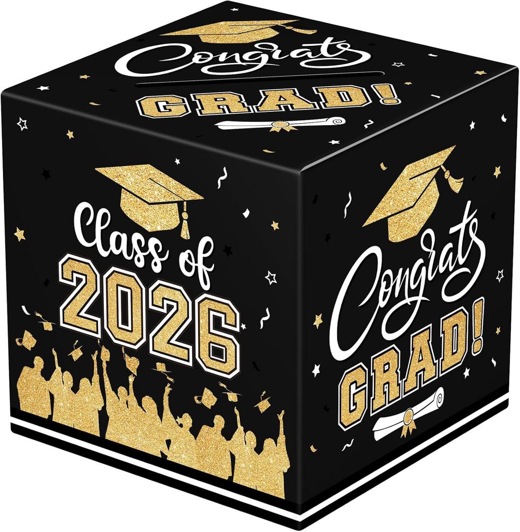 Graduation Card Box 2026 - Congrats Grad Card Boxes Holder, Black and Gold Class of 2026 Gift Cards Box for Graduation Decorations 2026 Favors Party Decor Supplies Props, 9x 9 x 9 inches, 2 Pack