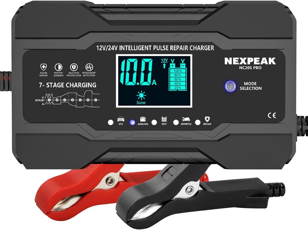 NEXPEAK 10-Amp Car Battery Charger, 12V and 24V Smart Fully Automatic Battery Trickle Charger Maintainer w/Temp Compensation for Truck Motorcycle Lawn Mower Boat Marine Lead Acid Batteries (10Amp)