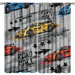 Racing Car Curtains, Extreme Sports Grey Background Sports Race Window Treatments for Boys Room Bedroom Playroom 42" W X 45" L (No Blackout)