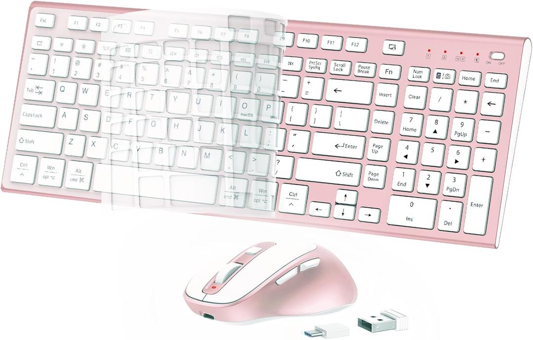 FENIFOX Wireless Keyboard and Mouse, Rechargeable USB C Combo Silent Quiet Compact Full Size Flat with Number Pad Soft Cover for Mac MacBook iMac Windows PC Laptop Computer Office - Pink & Rose Gold