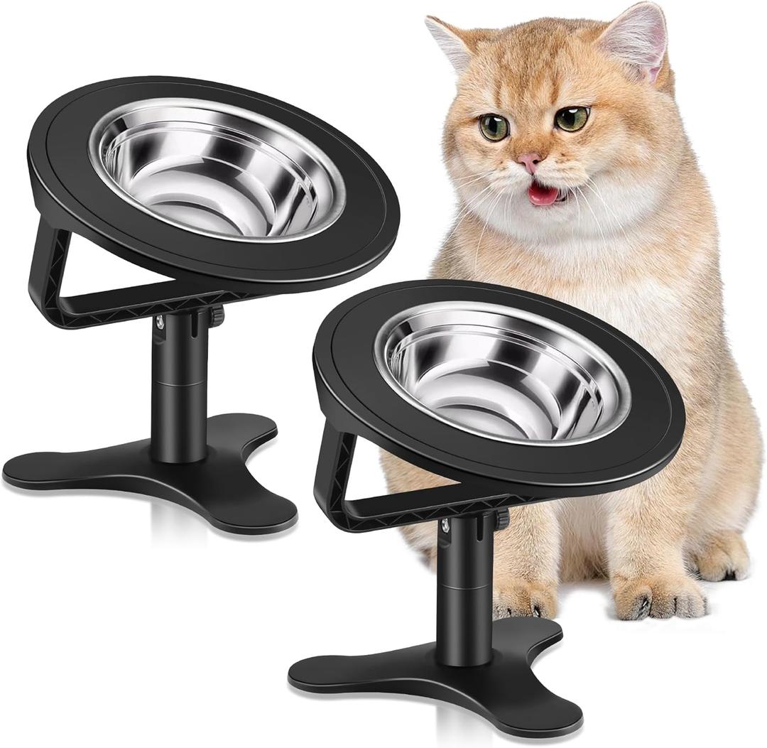 Raised Cat Bowls,Indoor Cats with Height-Adjustable Stand,Non-Slip Stainless Steel Bowls,15 Tilted Cat Food Bowls (2-Pack, Black)