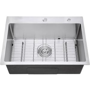 Brushed 25 Inch Drop in Kitchen Sink, 18 Gauge Stainless Steel Single Bowl Kitchen Sink with 2 Faucet Holes, 9'' Deep Basin Bowl with Grid, D25" x W18" x H9"