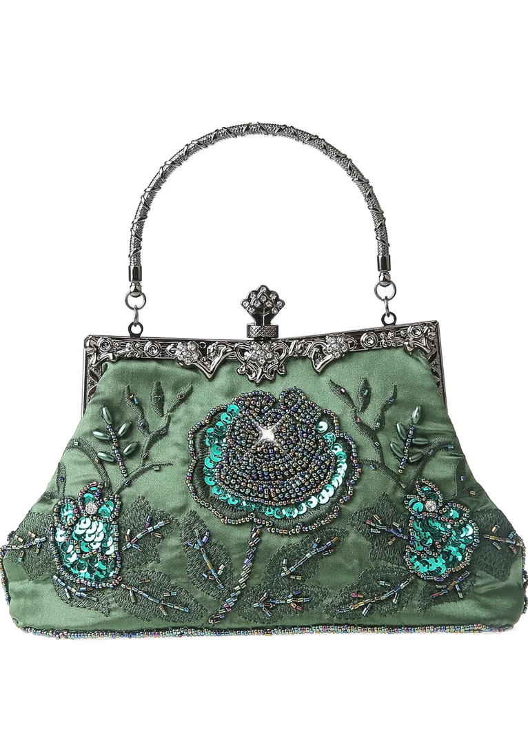 Womens Vintage Floral Beaded Rhinestone Embroidery Clutch Sequin Crossbody Bag Evening Handbag for Bridal Wedding Party Prom