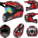 Youth Kids Dirt Bike Helmet Motocross ATV Dirtbike BMX MX Go-Kart 4-Wheeler Quad Offroad Motorcycle Helmet Goggles Gloves Mask DOT Certified, Red Camo, Large