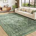Sage Green 9x12 Vintage Boho Rug for Living Room - Washable Dining Room Rugs Under Table, Soft Low Pile Floral Moss Green Carpet for Bedroom, Non-Slip Bohemian Large Rug for High Traffic Area