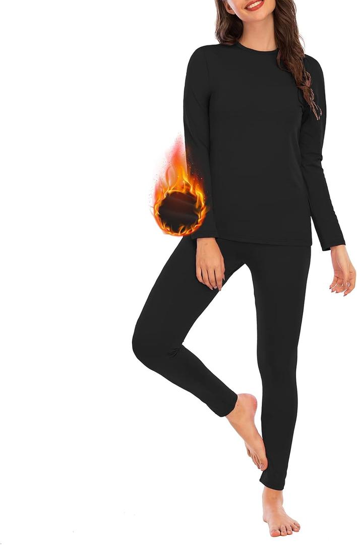American Trends Womens Thermal Underwear Set Long Johns Base Layer Fleece Lined Top and Bottom Thermals Sets Loungewear (Medium, Black)