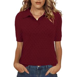 Rapbin Womens Short Sleeve Knit Polo Shirts Summer Spring Sweater Tops (Red, XL)