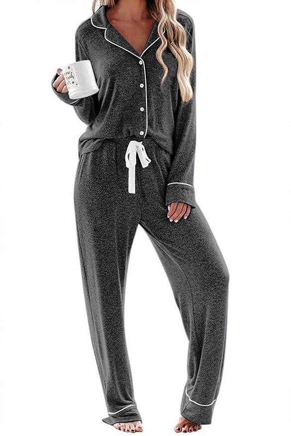 Ekouaer Women's Pajamas Long Sleeve Sleepwear Casual Button Down Loungewear Soft Pjs Set, Dark Grey, Large