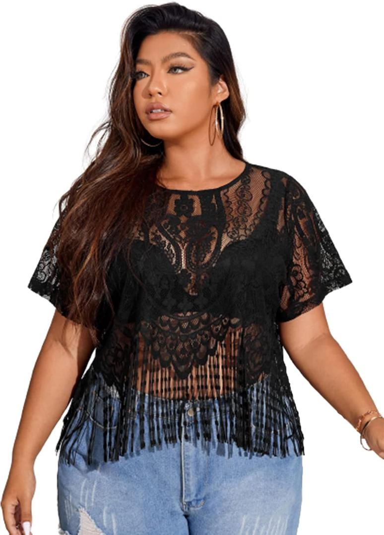 SOLY HUX Women's Plus Size Sheer Lace Tee Fringe Hem Short Sleeve See Through T Shirt Tops Concert Outfits (Black Pure, Xl-large Plus)