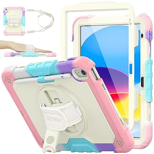 SEYMAC stock Case for iPad (A16) 11th/10th Generation 11''/10.9'' 2025/2022, Full-Body Drop Protection Case with Screen Protector &360° Rotate Hand Strap/Stand, Yellowish+Pink