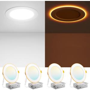 Amico 4 Pack 6 Inch 5CCT LED Recessed Ceiling Light with Night Light, 2700K/3000K/3500K/4000K/5000K Selectable Ultra-Thin Recessed Lighting, 12W=110W, 1100LM, Dimmable Canless Wafer Downlight ETL&FCC