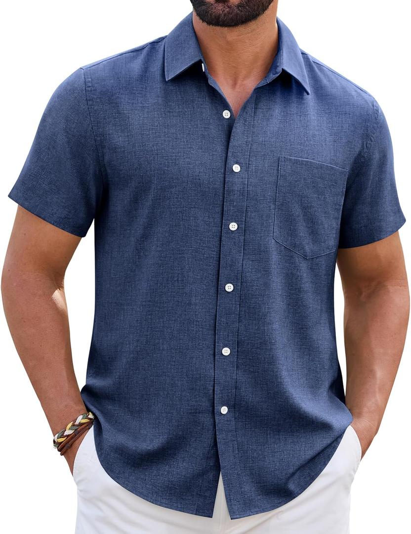Mens Linen Shirt Short Sleeve Wrinkle Free Casual Untucked Button Down Shirts Beach Breathable Tops Summer (Blue, XL)
