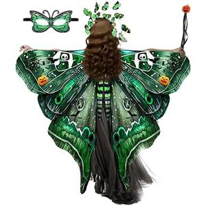 Halloween Green Butterfly Wings Costume for Womens, Butterfly Cape Set 4 PCS with Cloak, Mask, Headdress, Handheld, Halloween Fairy Wings Adult Women, Adult Fairy Wings