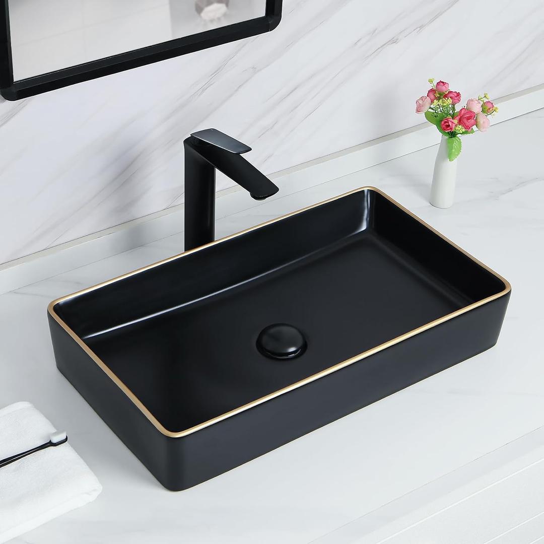 Davivy 23.6'' X 13.4'' Matte Black Vessel Sink with Pop Up Drain,Black Bathroom Vessel Sinks with Gold Trim, Rectangle Bathroom Above Counter,Countertop Bathroom Ceramic Vessel Sinks for Bathrooms