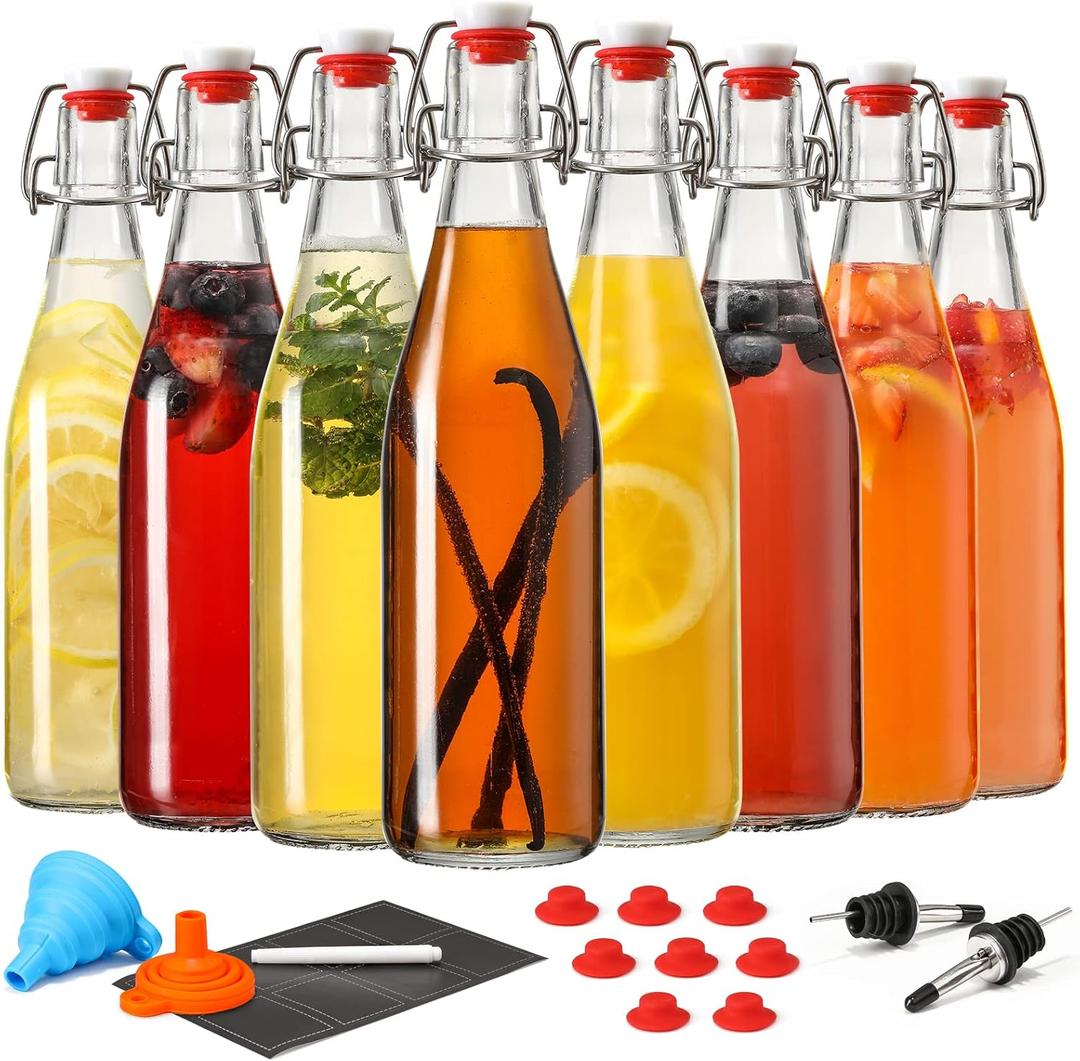 8 Set 16 OZ Swing Top Glass Bottles - Flip Top Beer Brewing Bottles with Stopper for Fermentation, Kombucha, Mead Kefir, Vanilla Extract, Juice, Tea, Wine, Soda - Airtight Cap Lids, Bonus 2 Pourers