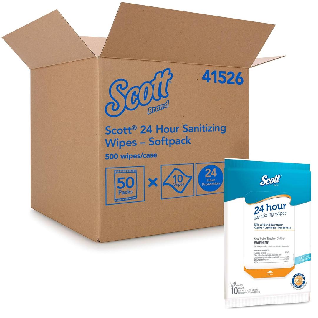 Scott 24 Hour Sanitizing Wipes  Multi-Surface Cleaning & Disinfecting, Continuous Sanitization for 24 Hours  (41526), 50 Packs x 10, 500 Wipes