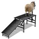 Professional Goat Milking Stand with Ramp, 600LBS Heavy Duty Foldable Livestock Trimming Platform, Metal Grooming Stand with Adjustable Headpiece & Stainless Steel Feeder for Nubian & Dwarf Goats
