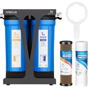 PUREPLUS RV Dual Stage Water Filter System with Grooved Sediment and KDF/Carbon Cartridges, Stainless Steel 3/4" Fittings, Reduces Sediment, Heavy Metals, Chlorine, Odors and More