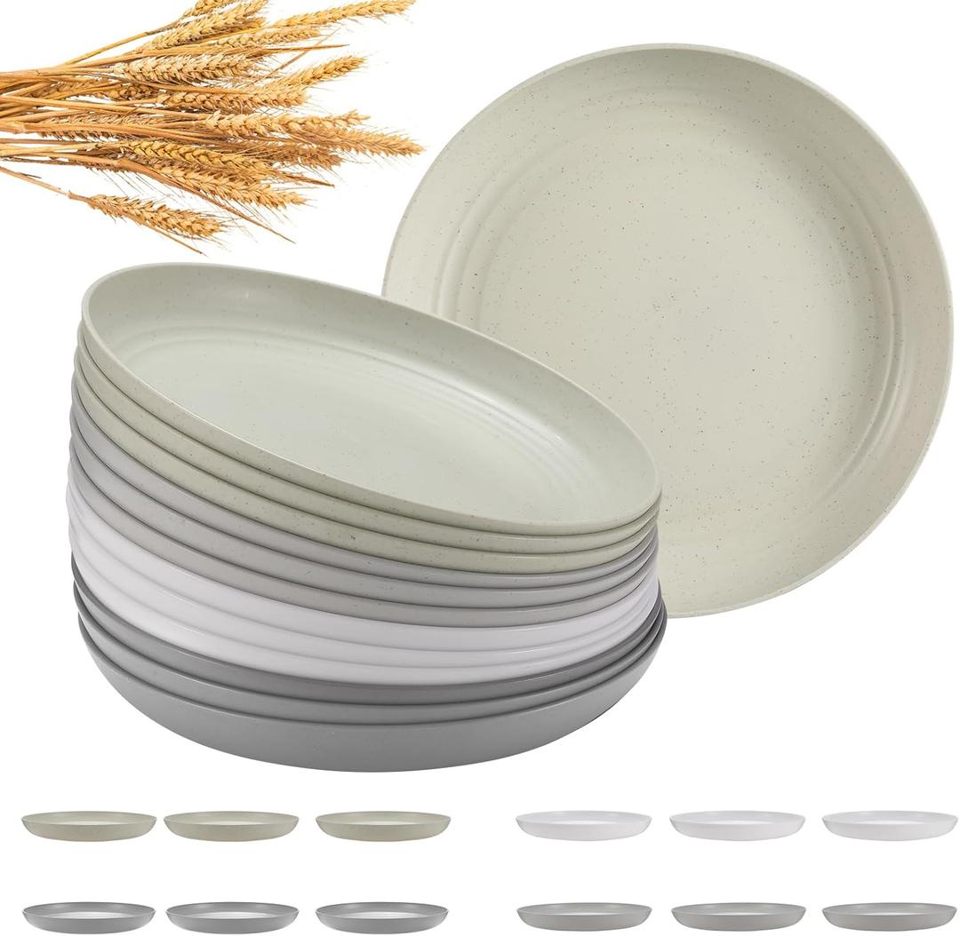 12 Pcs Unbreakable Deep Dinner Plates Set, 10 inch Reusable Plastic Wheat Straw Plates, Microwave and Dishwasher Safe Plate for Kitchen, Lightweight Plate for Dessert, BPA Free, 4 Colors (4-Gray Multicolor)