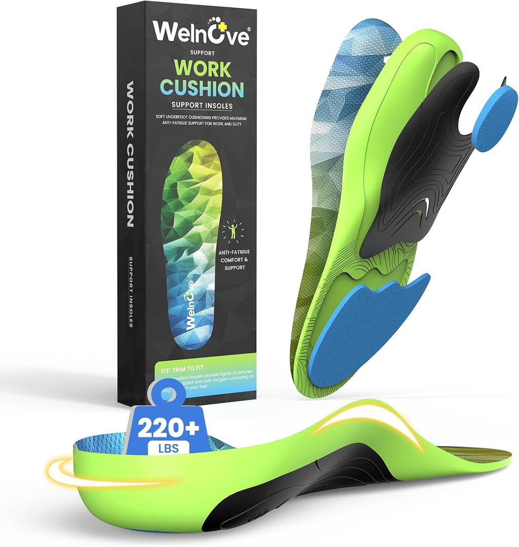 Welnove Work Boot Insoles High Arch Support for All-Day Standing Comfort Relief for Plantar Fasciitis, Flat Feet, Achilles Tendonitis & Heel Pain Cushioned Heel Cups & Shoe Inserts - M