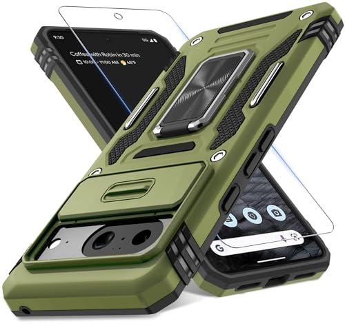 DEERLAMN Case for Google Pixel 8 with Slide Camera Cover+Screen Protector (1 Pack), Rotated Ring Kickstand Military Grade Shockproof Heavy Duty Protective Cover-Olive Green