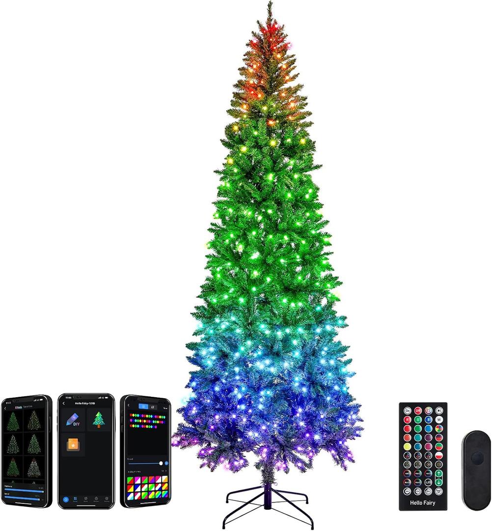 FANCILLUMA 9FT Prelit Christmas Tree with 550 LED Lights, App Controlled Artificial Christmas Tree with Multi-Color RGB Lights & Music Sync, Slim Pencil Christmas Tree for Home Christmas Decorations