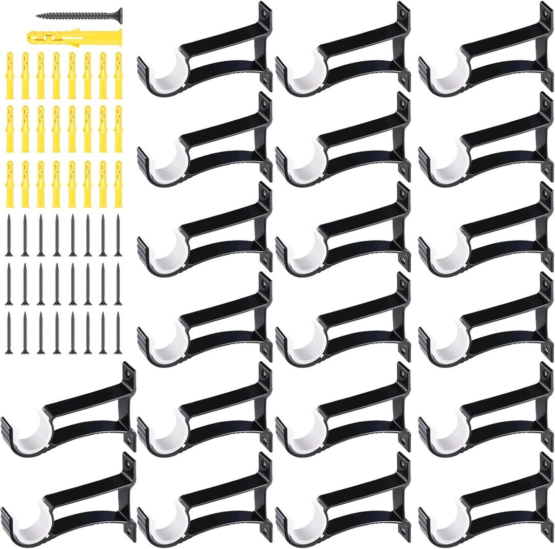 Tuanse 20 Set Curtain Rod Bracket Heavy Duty Holders Hooks Hangers Bulk for 1 Inch to 1.2 Inch Wall Single Window Drapery Rod Support with Screws(Black)