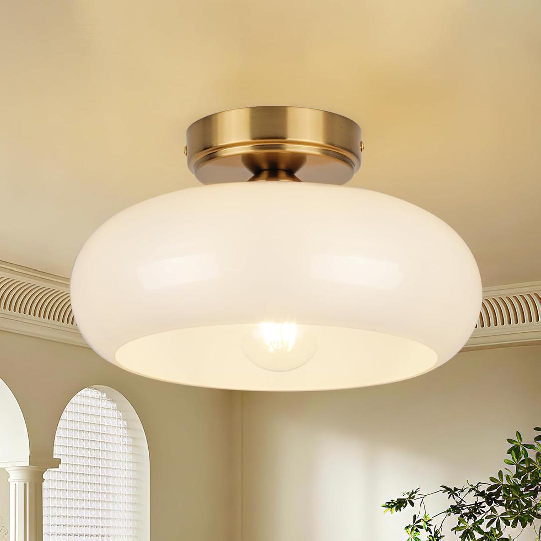 Flush Mount Ceiling Light Fixture, 11'' Mid-Century Gold with White Milk Glass Shade, Modern Farmhouse Lighting for Kitchen, Hallway, Bedroom, Foyer, Laundry Room, Schoolhouse