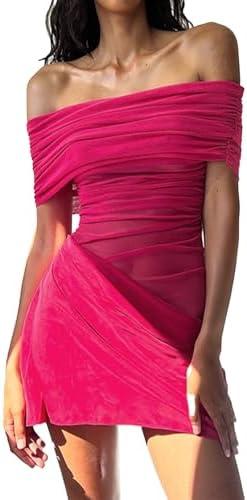 ABYOVRT Women Off Shoulder Mini Dress Sheer Mesh Ruched Short Dress Sexy Y2k Dresses Beach Clubwear Size L