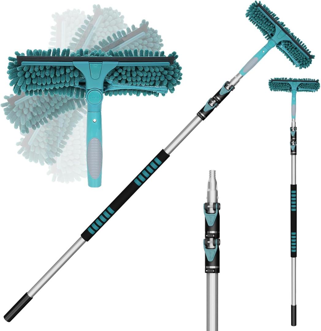 20 Feet High Reach Window Squeegee with 5-12Ft Extension Pole, Window Cleaner Tool with 3-Stage Telescoping Pole, Window Cleaning Kit with Rotatable Head (2 Squeegee & 2 Microfibre Cloths)
