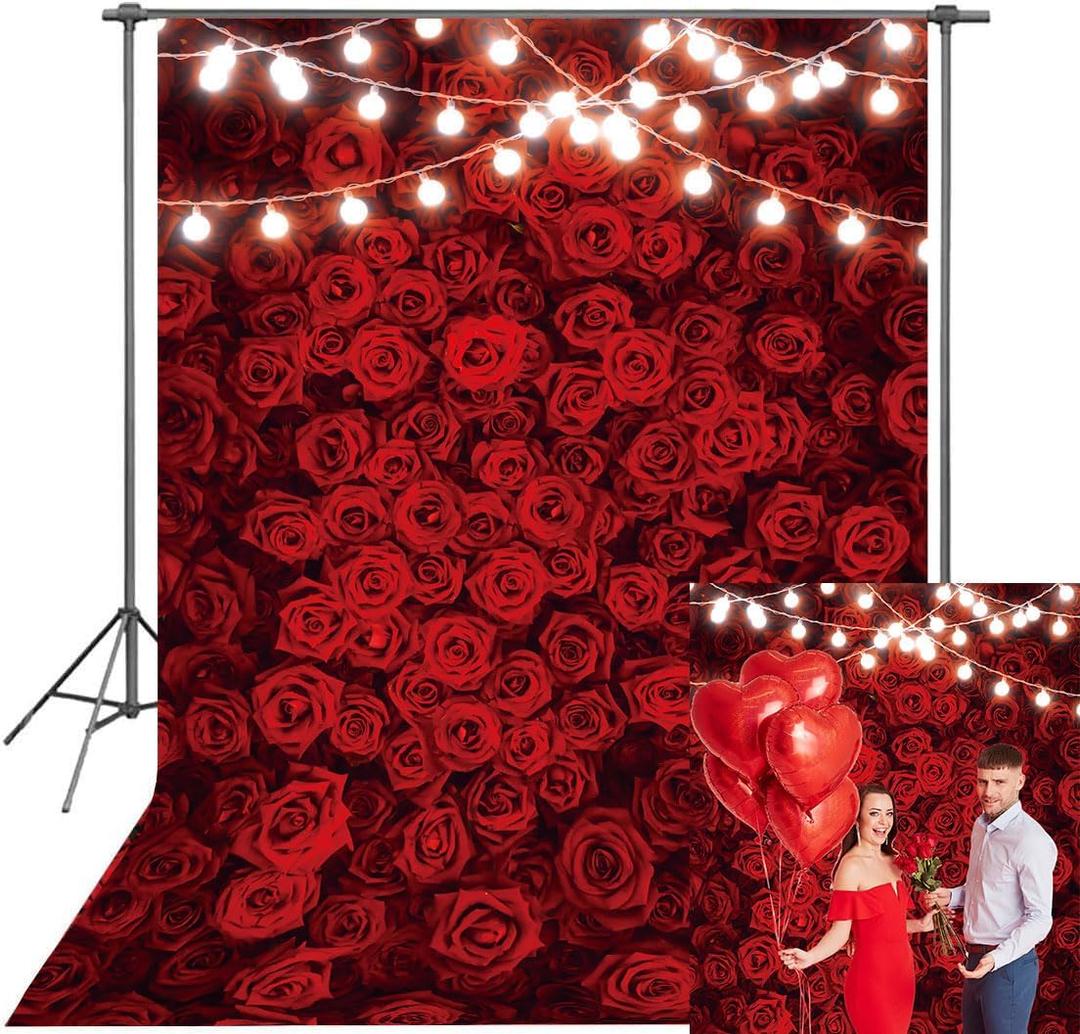 Red Rose Backdrop Vintage Romantic red Floral Photography Background for Wedding Party Anniversary Bridal Shower Birthday Party Valentine's Day Decorations Photo Booth Props (5X7FT)